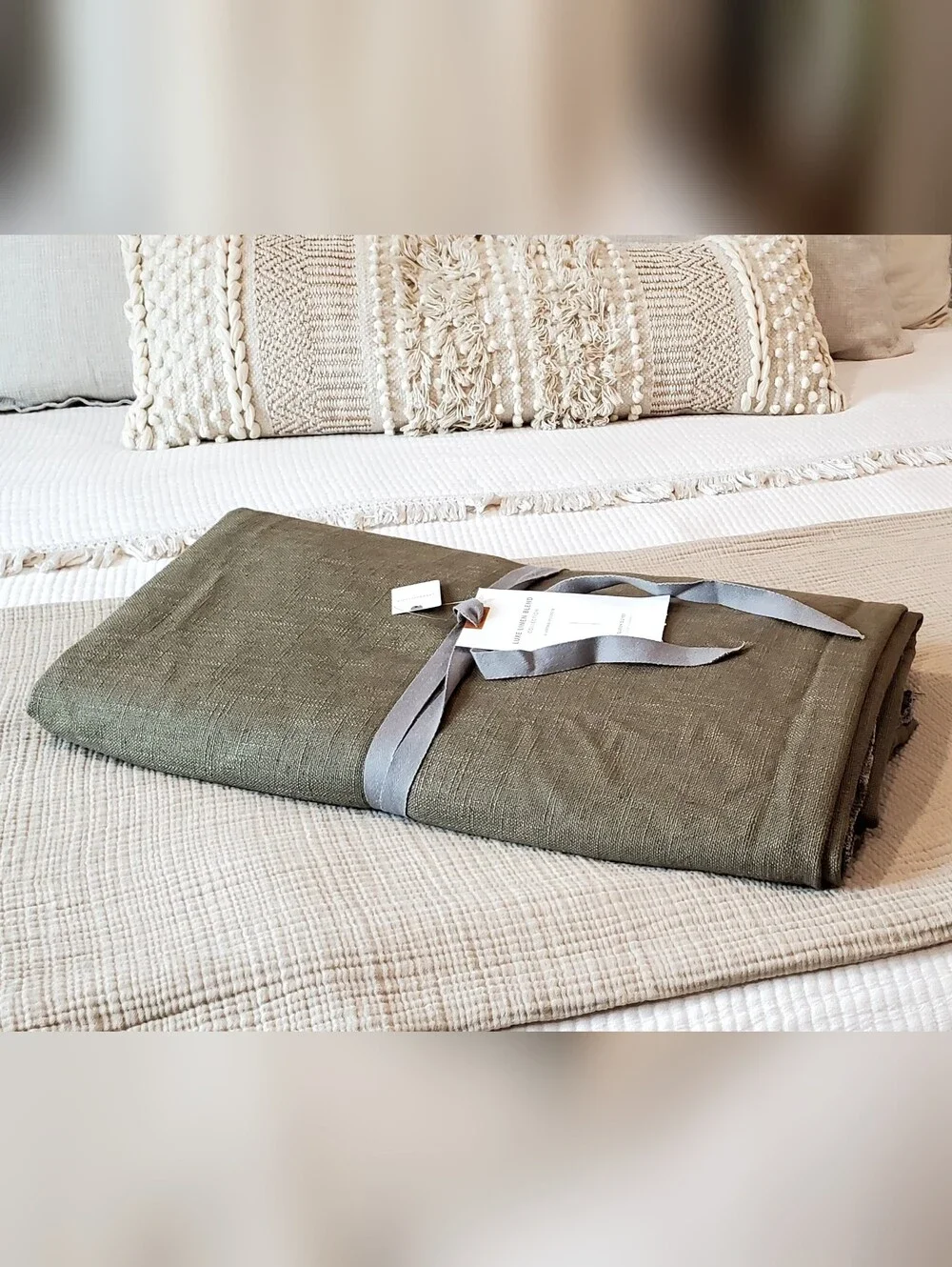 Anthropologie Olive Luxe Linen Blend Queen Duvet Cover, Frey Edges, Queen, NWT